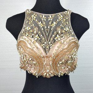 Rhinestone Beaded Sequin Pearl Sheer Pink Bustier Size 4 Midriff Tank Top